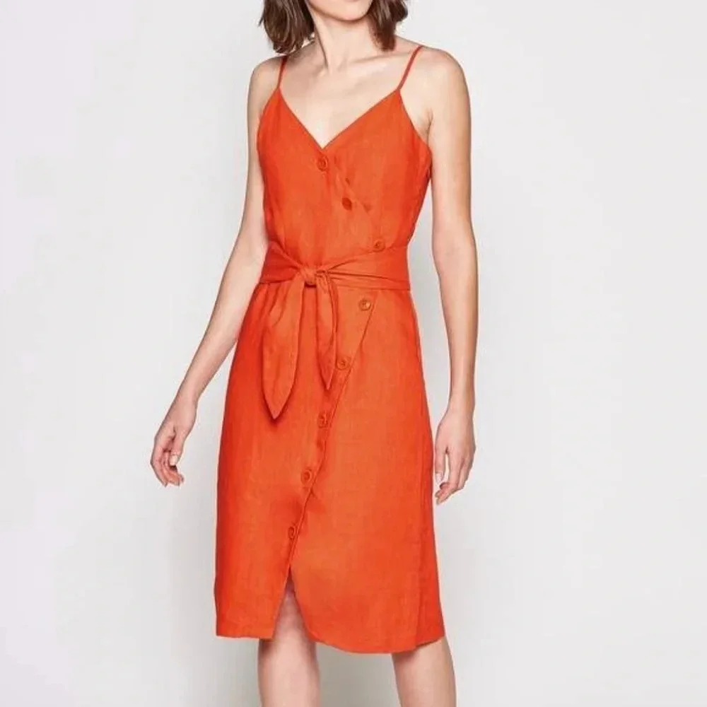 Joie Carnell  Buttoned Midi Belted Linen Dress in Warm Terracotta - Picture 2 of 7